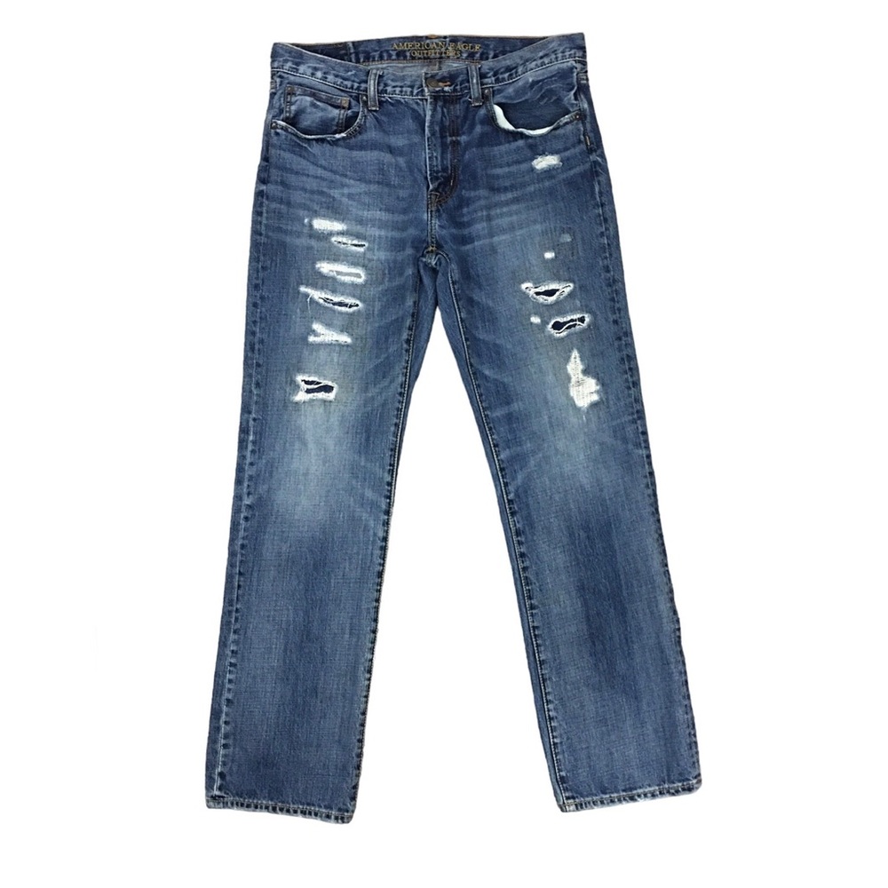 American Eagle Mens Distressed Medium Wash Straight Leg Jeans Size 34